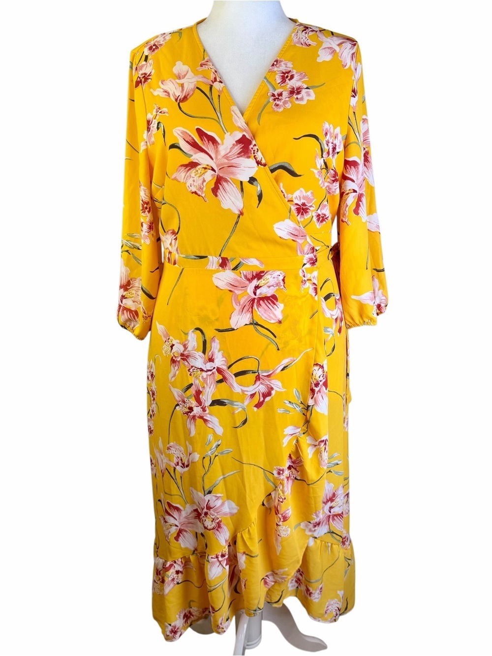 New York & Company Yellow Floral Wrap Dress Size XL